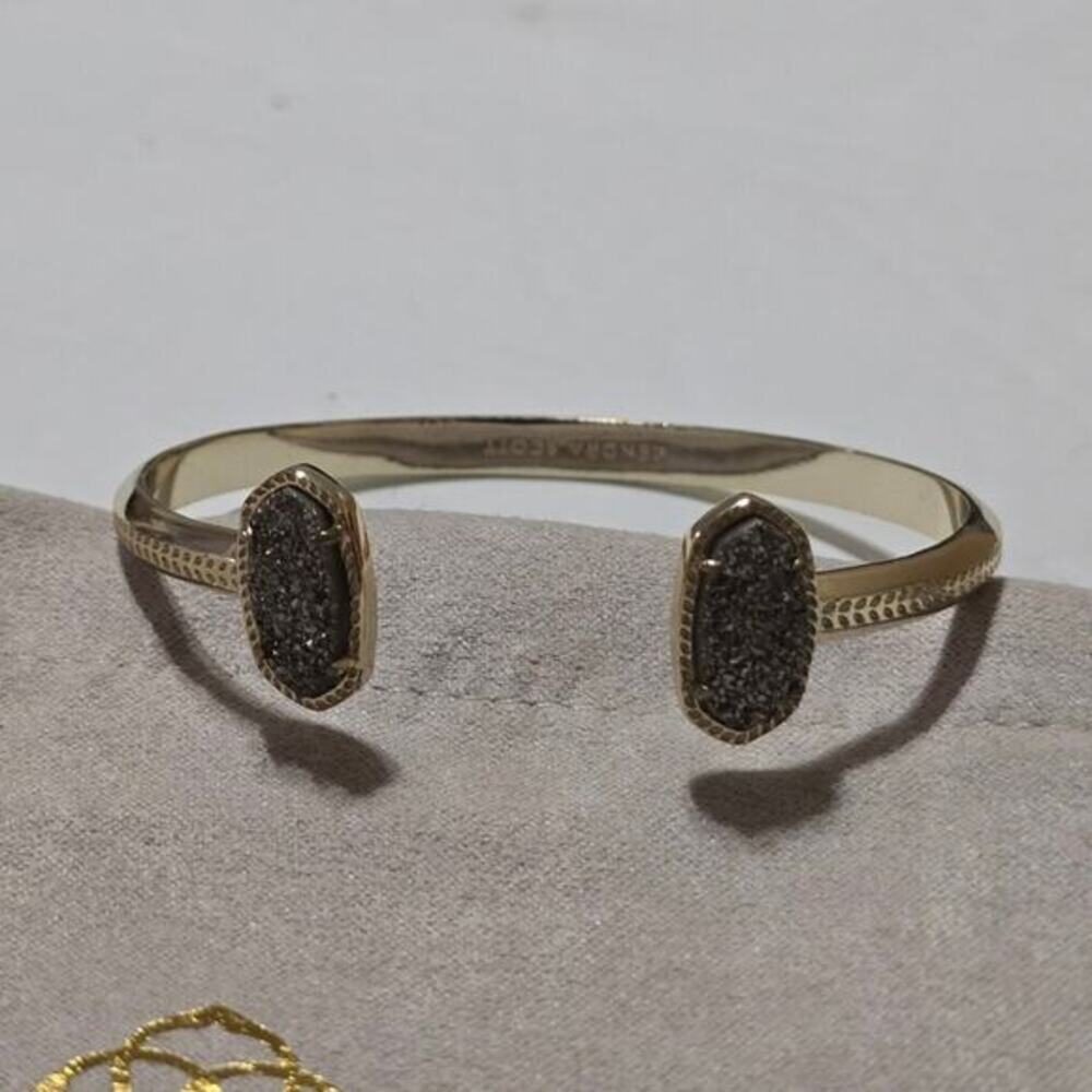Kendra Scott Elton Gold Cuff Bracelet Black Platinum Drusy Oval Stone Adjustable